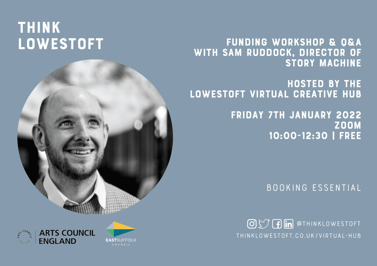 Lowestoft Creative Hub: Funding workshop + Q&A with Sam Ruddock, Story Machine – Friday 7th January 2022