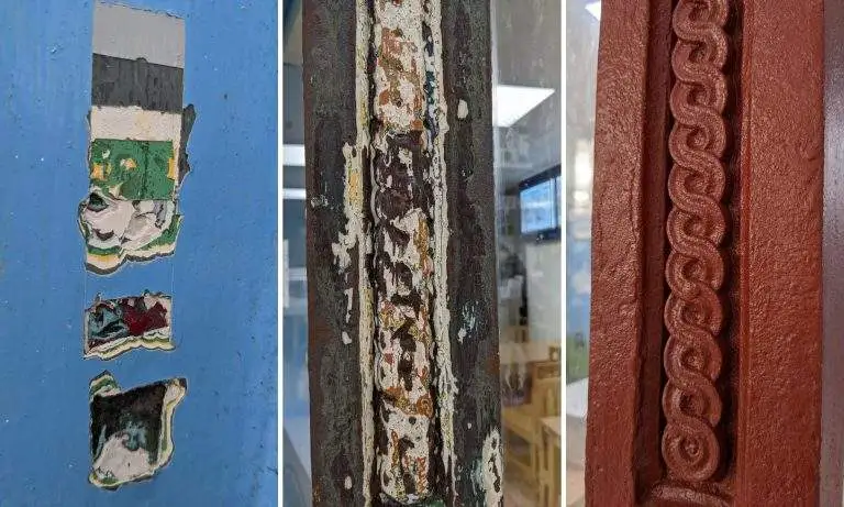 the various stages of striping 27 layers of paint from the ironwork